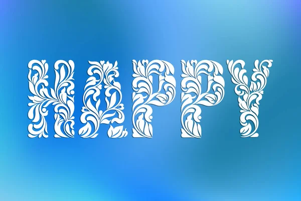 ¡Palabra FELIZ! Fuente decorativa con remolinos y elementos florales sobre fondo azul — Vector de stock