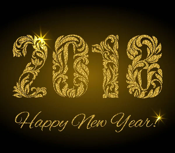 Feliz Año Nuevo 2018. Las figuras con brillo dorado de un ornamento floral — Vector de stock