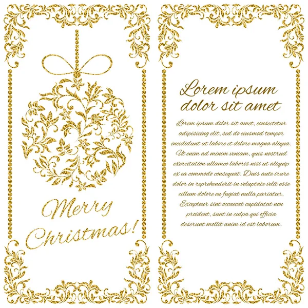 Eleganckie pocztówki świąteczne: piłka z złoto świecidełka z kwiatowy ornament. Tam jest miejsce dla tekstu — Wektor stockowy