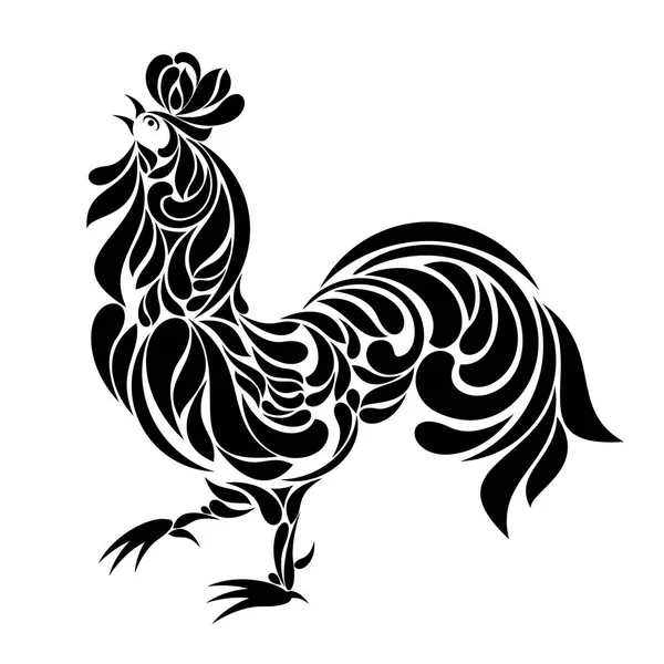 装饰的小公鸡。程式化的公鸡用花卉点缀装饰。孤立在白色背景上的公鸡. — 图库矢量图片