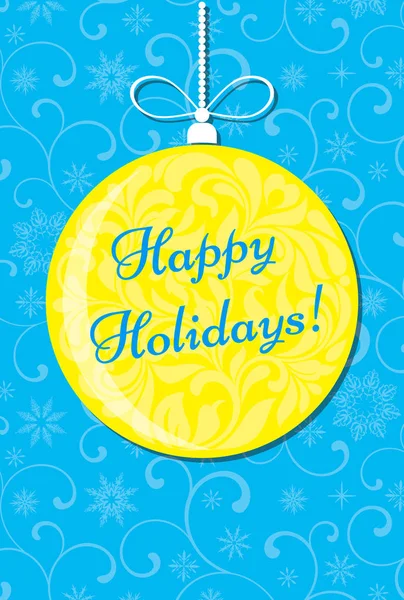 Elegante postal o banner. Bola de Navidad amarilla con adorno floral sobre un fondo de color blanquecino con patrón. Felices Fiestas ! — Vector de stock
