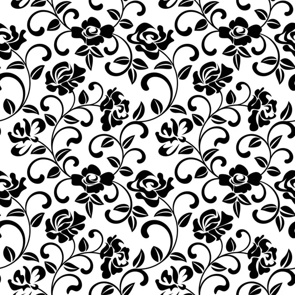 Padrão sem costura com flores pretas no fundo branco. O padrão pode ser usado para impressão em têxteis, papel de parede, embalagem — Vetor de Stock