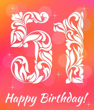 Bright Greeting card Template. Celebrating 51 years birthday. Decorative Font with swirls and floral elements. clipart