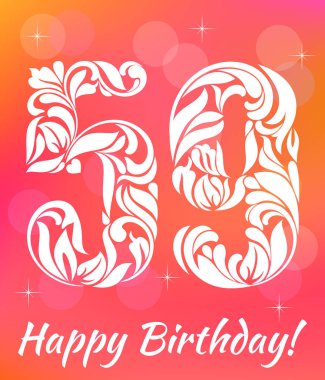 Parlak tebrik kartı şablonu. 59 yaş doğum günü kutluyor. Dekoratif yazı tipi ile swirls ve çiçek öğeleri.