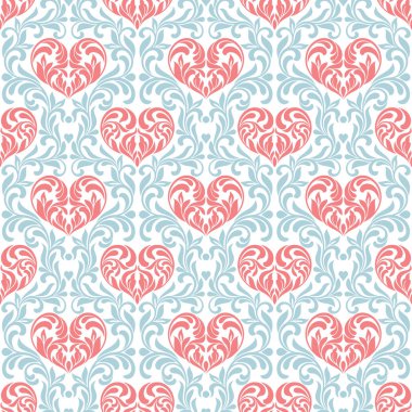 Seamless modeli. Pembe kalpler swirls, yaprak ve çiçek öğeleri çiçek mavi bir arka plan üzerinde yapılan 