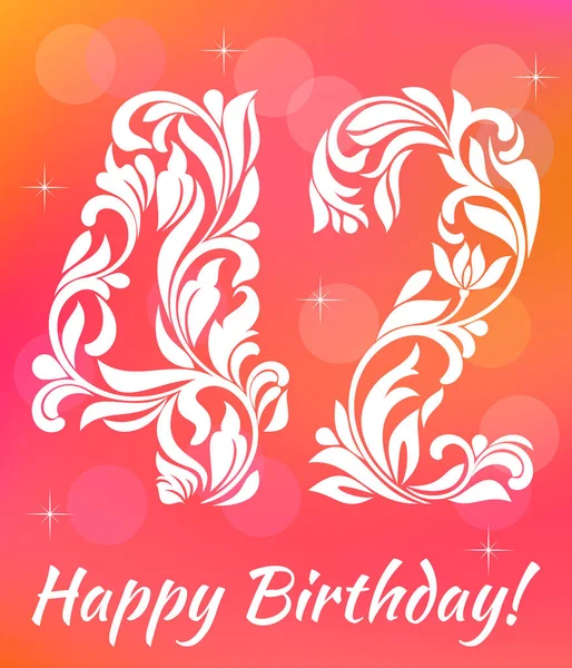 Bright Greeting card Template. Celebrating 42 years birthday. Decorative Font with swirls and floral elements. — Stock Vector
