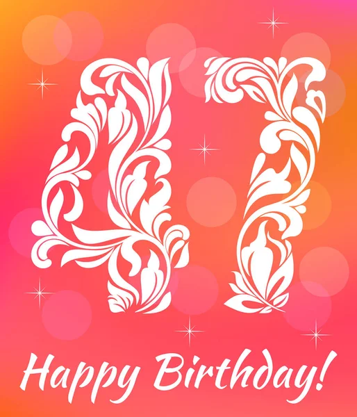 Fényes üdvözlőkártya sablon. 47 éves születésnapját ünnepli. Swirls és a virág díszítő betűtípus. — Stock Vector