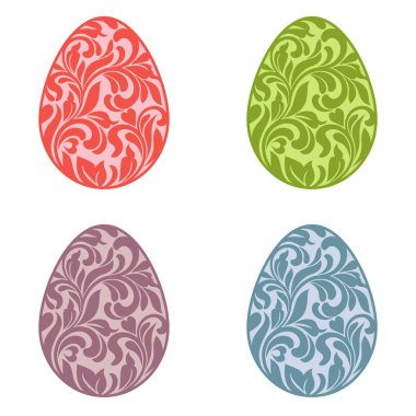 Paskalya yumurtaları çiçek desenli beyaz bir arka plan üzerinde izole kümesi