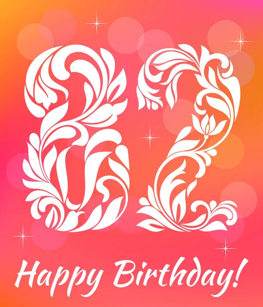 Bright Greeting card Template. Celebrating 82 years birthday. Decorative Font with swirls and floral elements. — Stock Vector