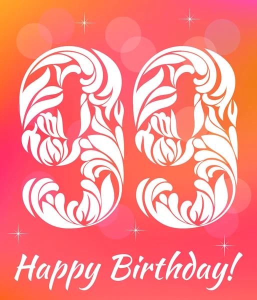 Bright Greeting card Template. Celebrating 99 years birthday. Decorative Font with swirls and floral elements. — Stock Vector