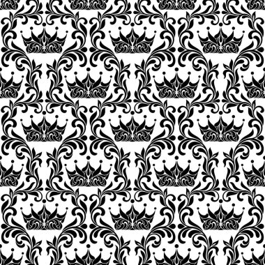 Kraliyet Seamless modeli. Taç ve çiçek vintage oyma beyaz bir arka plan üzerinde izole.