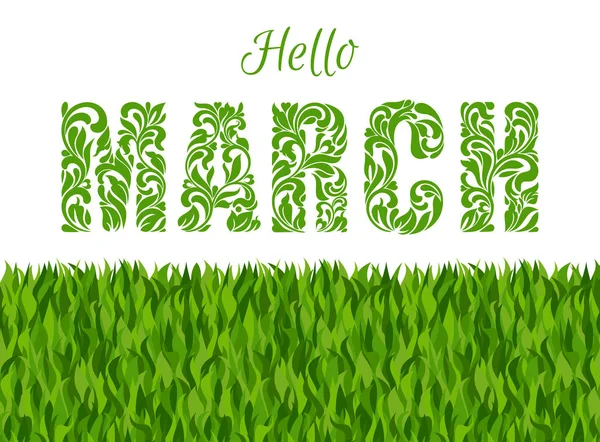 Hello, SPRING. Decorative Font made of swirls and floral elements. Background made of grass — Stock Vector