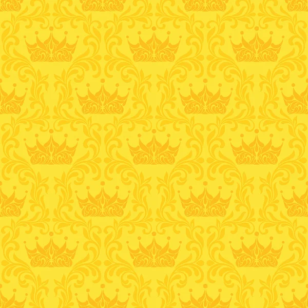 Patrón inconsútil real. Corona y tracería floral vintage sobre fondo amarillo . — Archivo Imágenes Vectoriales
