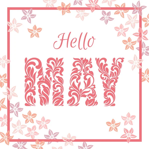 Hola May. Fuente decorativa realizada en remolinos y elementos florales aislados sobre un fondo blanco. Fondo está decorado con flores de color rosa — Vector de stock