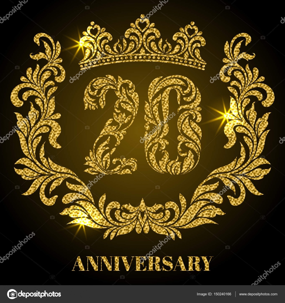 Anniversaire De Ans Chiffres Cadre Et Couronne Realises En Tourbillons Et Elements Floraux Avec Paillettes D Or Et Eclat Image Vectorielle Par Irinaomelchak C Illustration