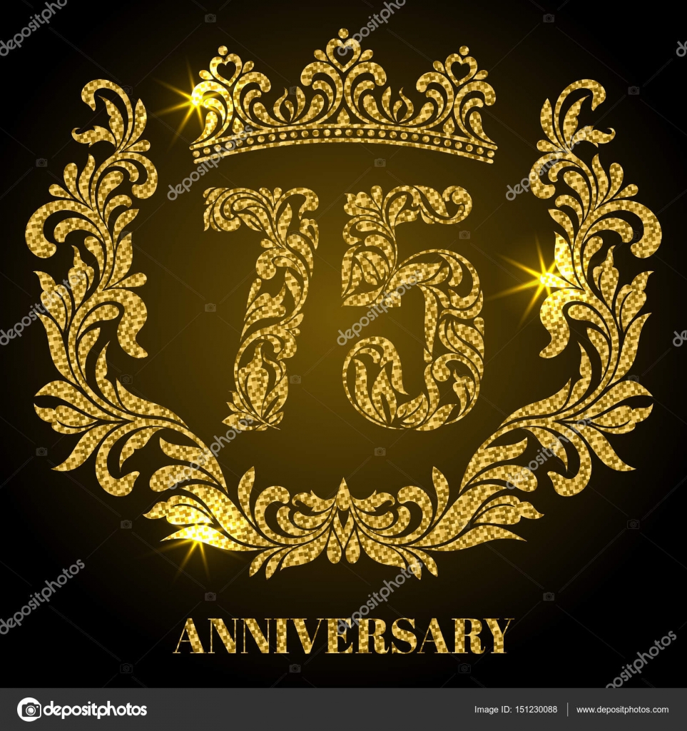 Anniversaire De 75 Ans Chiffres Cadre Et Couronne Realises En Tourbillons Et Elements Floraux Avec Paillettes D Or Et Eclat Image Vectorielle Par Irinaomelchak C Illustration