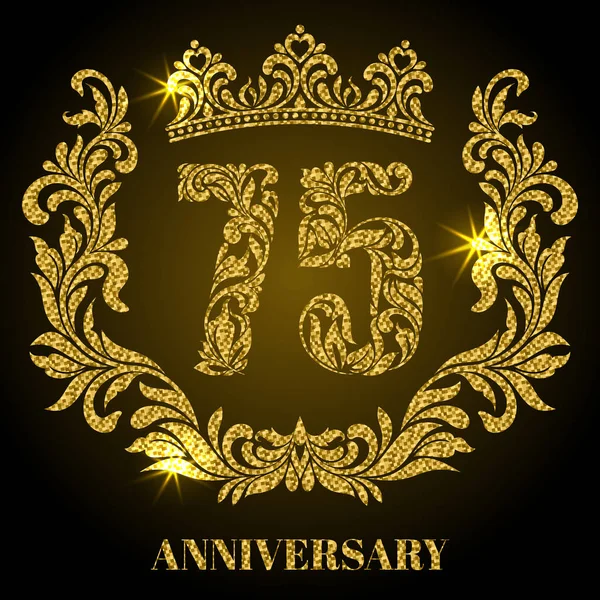 Anniversary of 75 years. Digits, frame and crown made in swirls and floral elements with gold glitter and sparkle — Stock Vector
