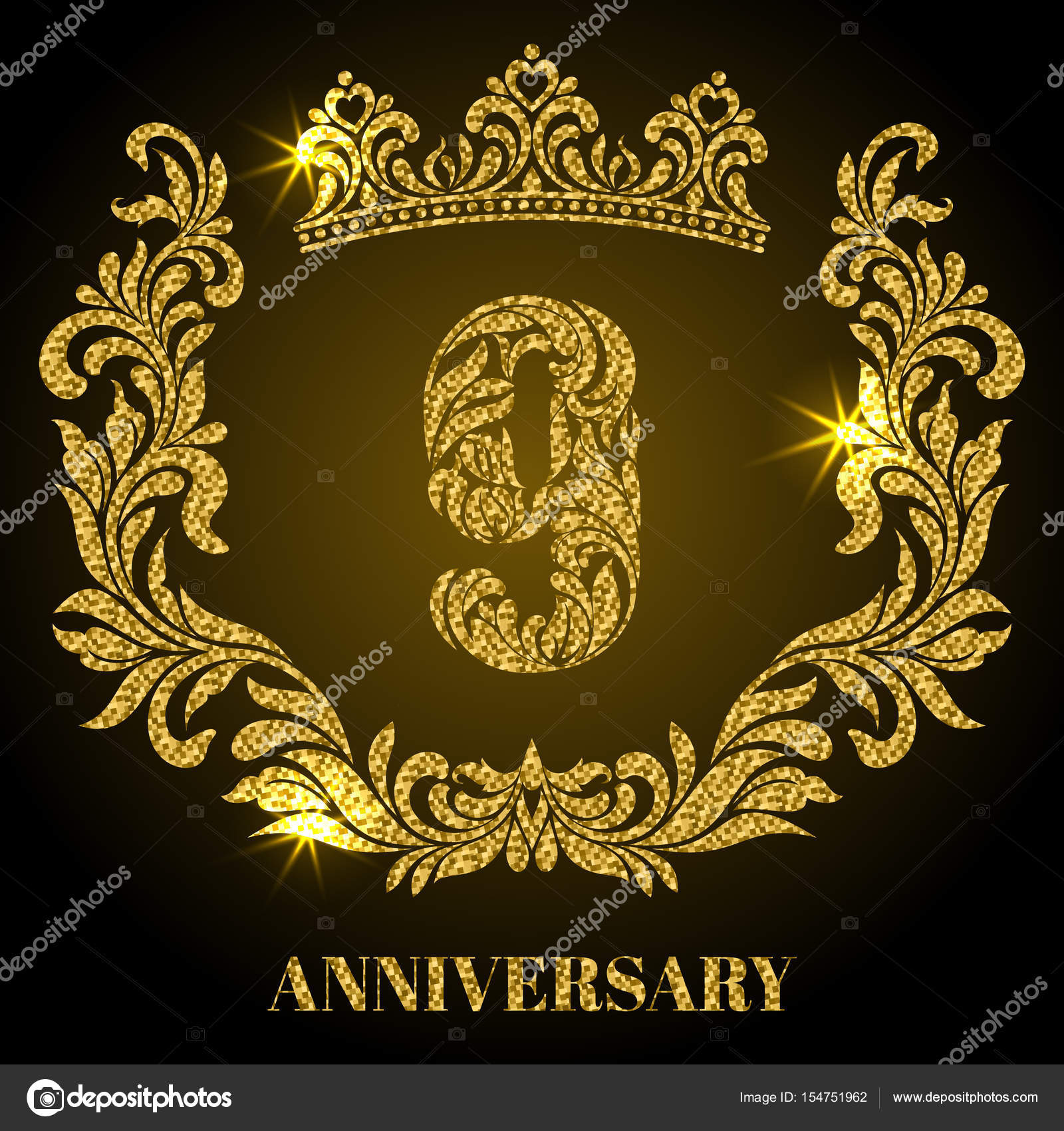 Anniversary of 9 years. Digits, frame and crown made in swirls and