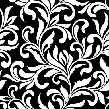 Zarif seamless modeli. Oyma swirls ve dekoratif bir siyah arka plan üzerine bırakır. Vintage tarzı. Kaydırma kumaş, duvar kağıdı, baskı için kullanılabilir