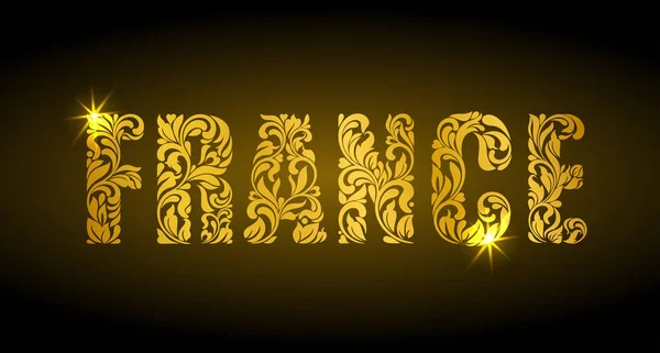 Inschrift Frankreich mit floralem Ziermuster. goldene Buchstaben mit Funken auf dunklem Hintergrund. — Stockvektor