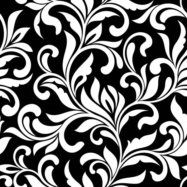 Elegante naadloze patroon. Maaswerk van wervelingen en decoratieve bladeren op een zwarte achtergrond. Vintage stijl. Het kan worden gebruikt voor het afdrukken op stof, behang, verpakken — Stockvector