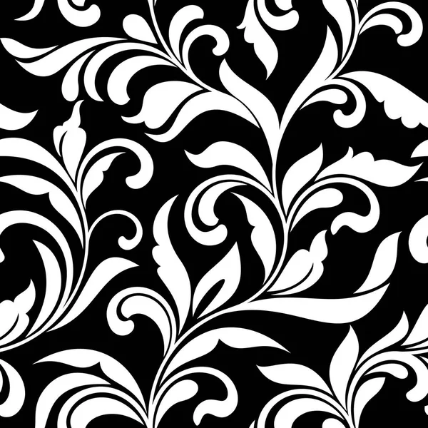 Elegant seamless pattern. Tracery of swirls and decorative leaves on a black background. Vintage style. It can be used for printing on fabric, wallpaper, wrapping — Stock Vector