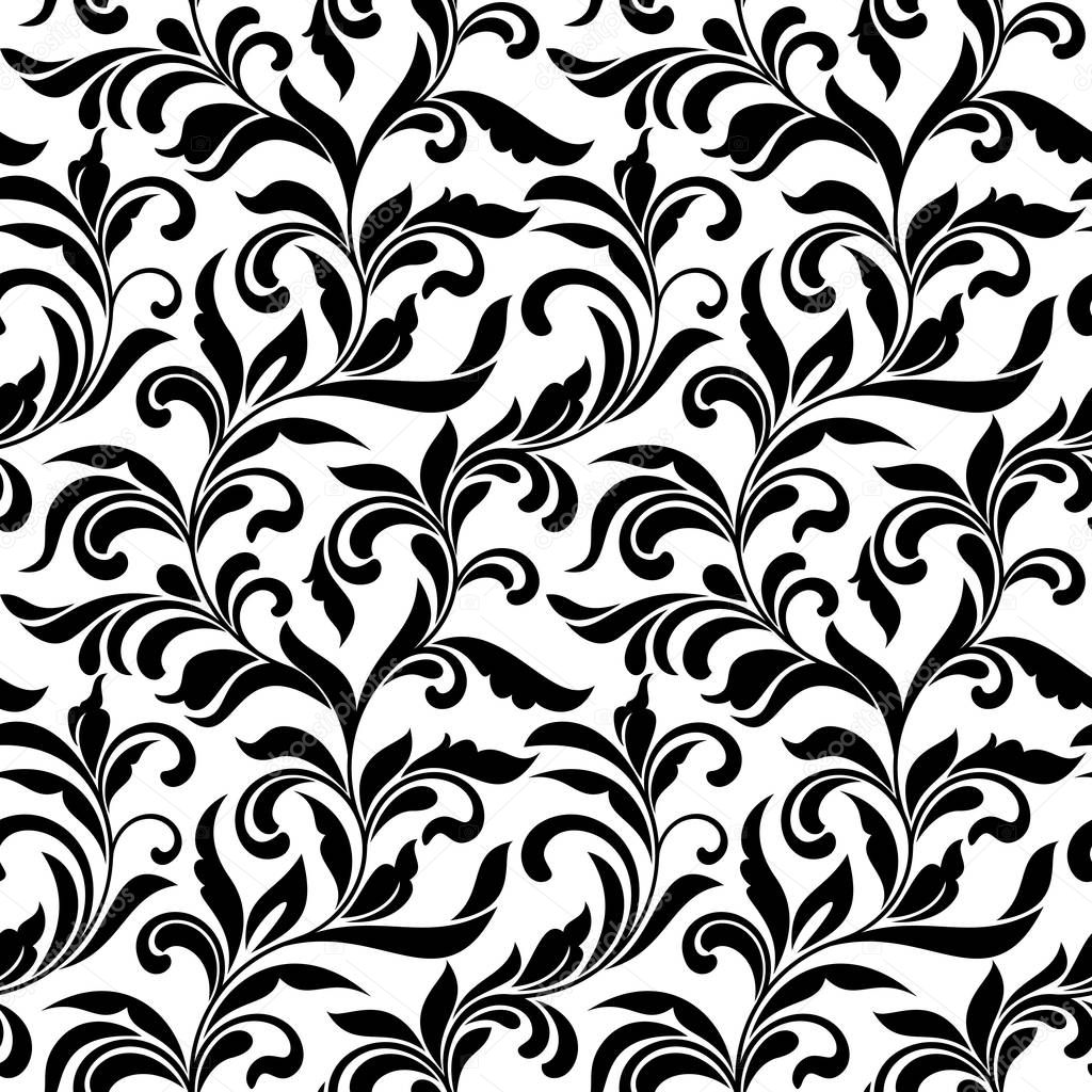 Elegant seamless pattern. Tracery of swirls and decorative leaves isolated on a white background. Vintage style.