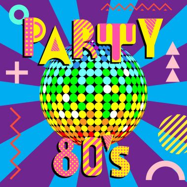 Afiş 80'ler tarzında bir parti için. Memphis tarzı 80s 90s popüler geometrik yazı tipi. Renkli ışınları ile disko topu