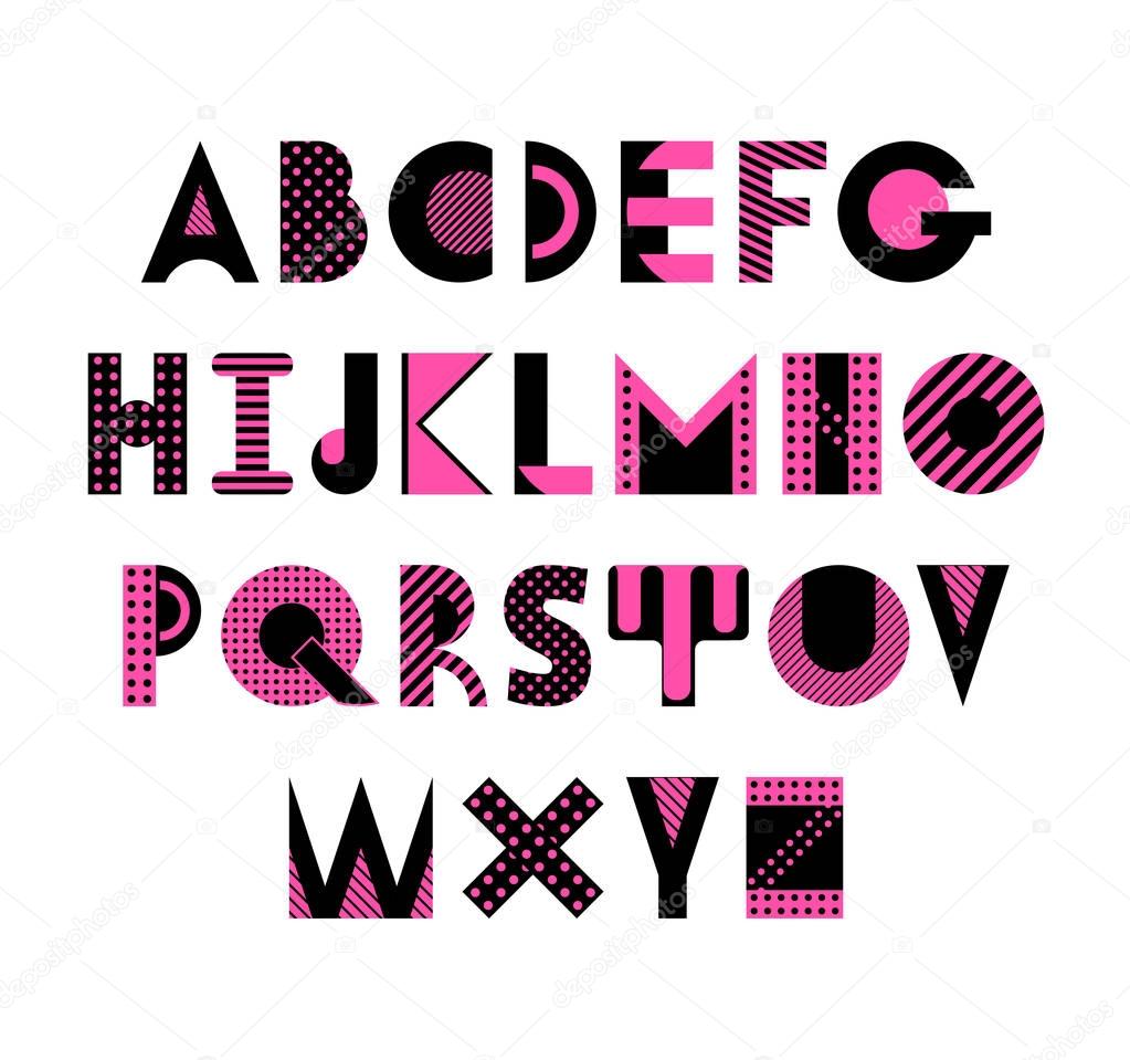 Trendy geometric font. Abstract alphabet in memphis style. Type letters 80s - 90s style. Abc isolated on a white background.