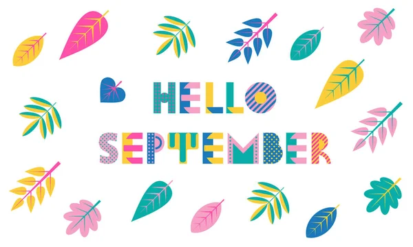 Hello SEPTEMBER. Trendy geometric font in memphis style of 80s-90s. Abstract geometric background — Stock Vector