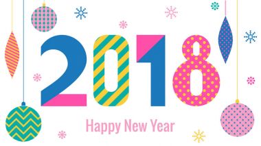 Şık tebrik kartı. Mutlu yeni yıl 2018. Memphis tarzı 80s 90s popüler geometrik yazı tipi. Basamak ve beyaz arka plan üzerinde izole soyut Noel topları