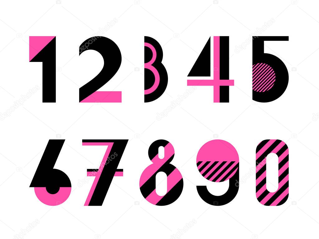 Set of digits. Trendy geometric font. Abstract alphabet in memphis style. Type letters 80s - 90s style. Numbers isolated on a white background.