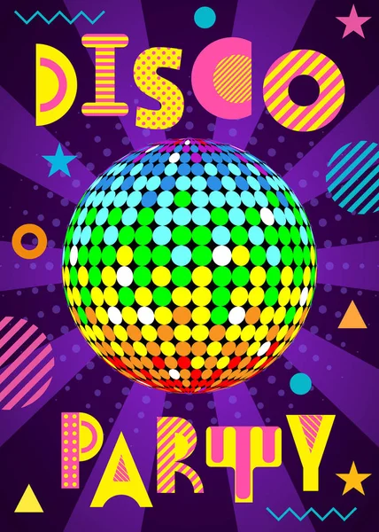 Banner para uma festa Disco no estilo retro. Fonte geométrica na moda no estilo memphis dos anos 80-90. Bola de disco com raios — Vetor de Stock