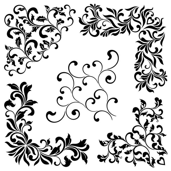 Набор угловых орнаментов. Идеально подходит для трафарета. Декоративный винтажный стиль. Украшенный рисунок вихрей и листьев изолированы на белом фоне
