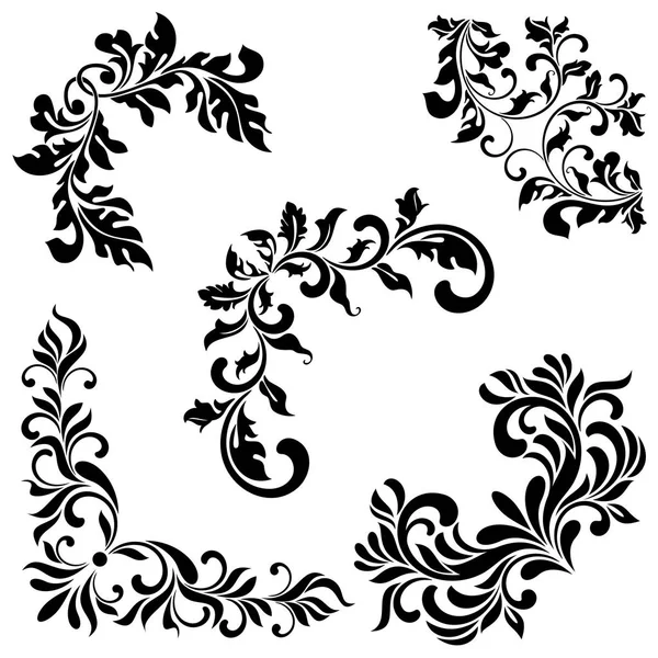 Una serie di ornamenti angolari. Ideale per stencil. Trattoria ornata di turbinii e foglie isolate su sfondo bianco. Stile vintage decorativo . — Vettoriale Stock