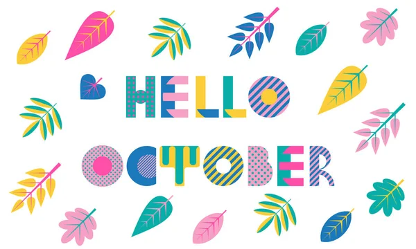 Hello october. Trendy geometric font in memphis style of 80s-90s. Abstract geometric background — Stock Vector