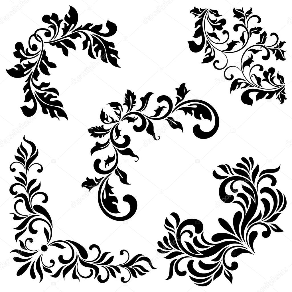 A set of angular ornaments. Ideal for stencil. Ornate tracery of swirls and leaves isolated on white background. Decorative vintage style.