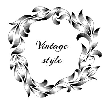 Vintage sınır çerçeve antika çiçek tarzı dekoratif tasarım retro süsleme desenli oyma. Beyaz arka plan üzerinde izole çelenk.
