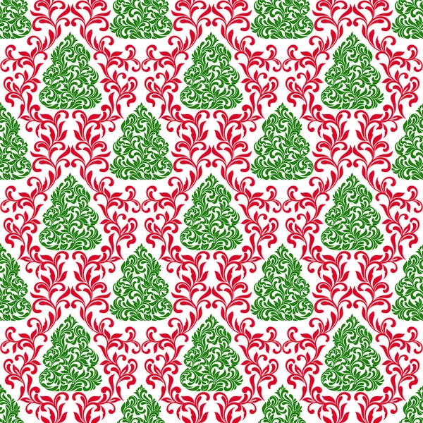 Bright seamless pattern. Green Christmas tree and elegant vintage tracery with curl — Stock Vector