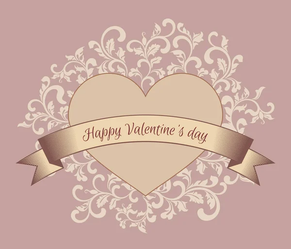 Happy Valentines day. Heart with ribbon. Background with floral vintage pattern — Stock Vector