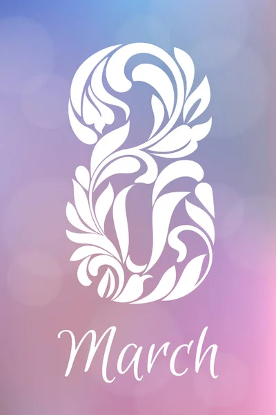 Március 8. Üdvözlőkártya vagy poszter. Nyolc nyílik a virág dísz. Rózsaszín és kék hangok finom elmosódott háttér — Stock Vector
