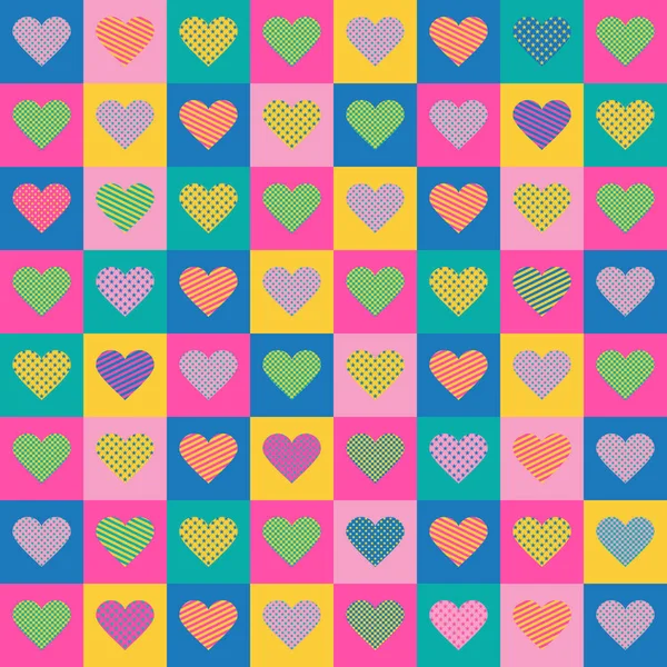 Patrón sin costuras. Colorea corazones en cuadrados coloridos. Diseño brillante y alegre para un día de San Valentín o un diseño romántico — Vector de stock