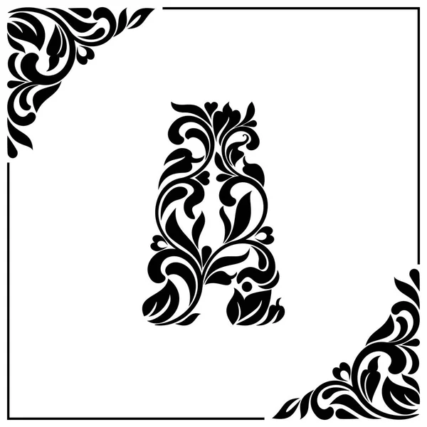 La lettera A. Caratteri decorativi con turbinii ed elementi floreali. Stile vintage — Vettoriale Stock