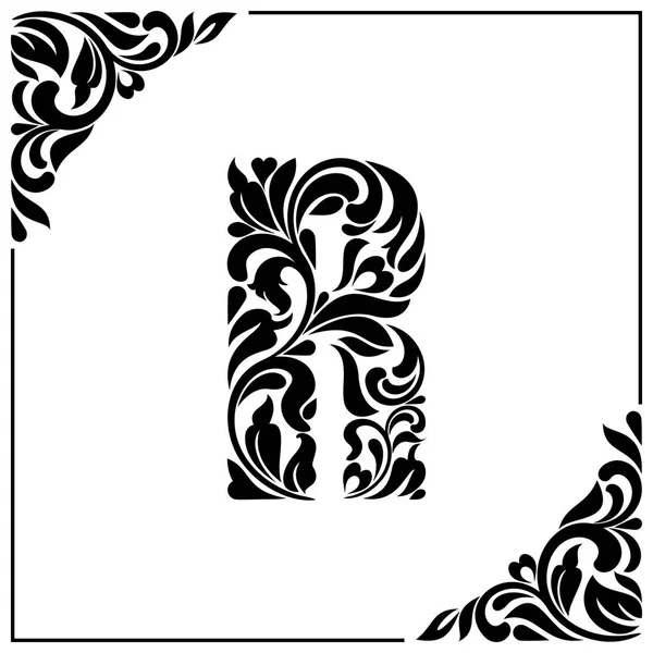 Буква R. Декоративный шрифт с вихрями и цветочными элементами. Винтажный стиль — стоковый вектор