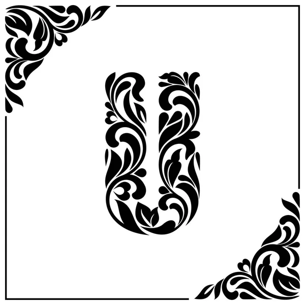 Буква U. Декоративный шрифт с вихрями и цветочными элементами. Винтажный стиль — стоковый вектор
