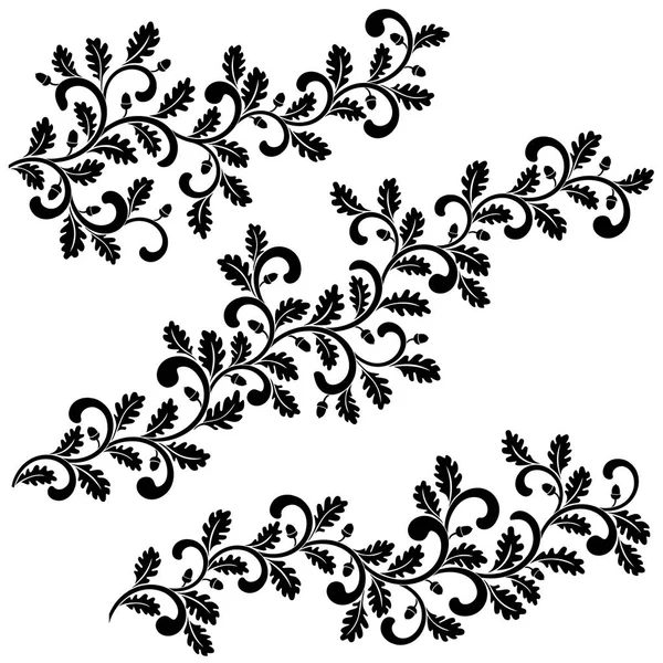 Decorativi rami di quercia vorticosi con foglie e ghiande isolate su sfondo bianco. Ideale per stencil. Stile vintage . — Vettoriale Stock