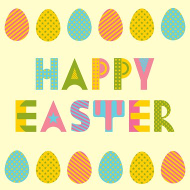Mutlu paskalyalar. Memphis tarzı 80s 90s popüler geometrik yazı tipi. Paskalya yumurtaları farklı geometrik süslemeli
