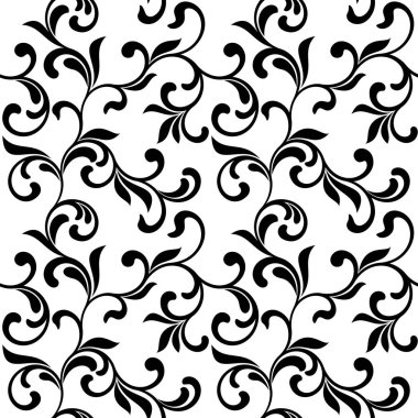 Çiçek seamless modeli. Siyah swirls ve beyaz bir arka plan üzerinde izole yeşillik. Tekstil baskı ve duvar kağıtları için idealdir.