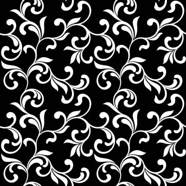 Çiçek seamless modeli. Beyaz swirls ve siyah bir arka plan üzerinde izole yeşillik. Tekstil baskı ve duvar kağıtları için idealdir.