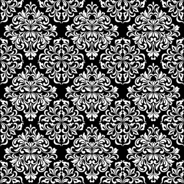Lüks seamless modeli. Beyaz süslü Şam süs siyah bir arka plan. Swirls ve yeşillik zarif oyma. Tekstil baskı ve duvar kağıtları için idealdir.